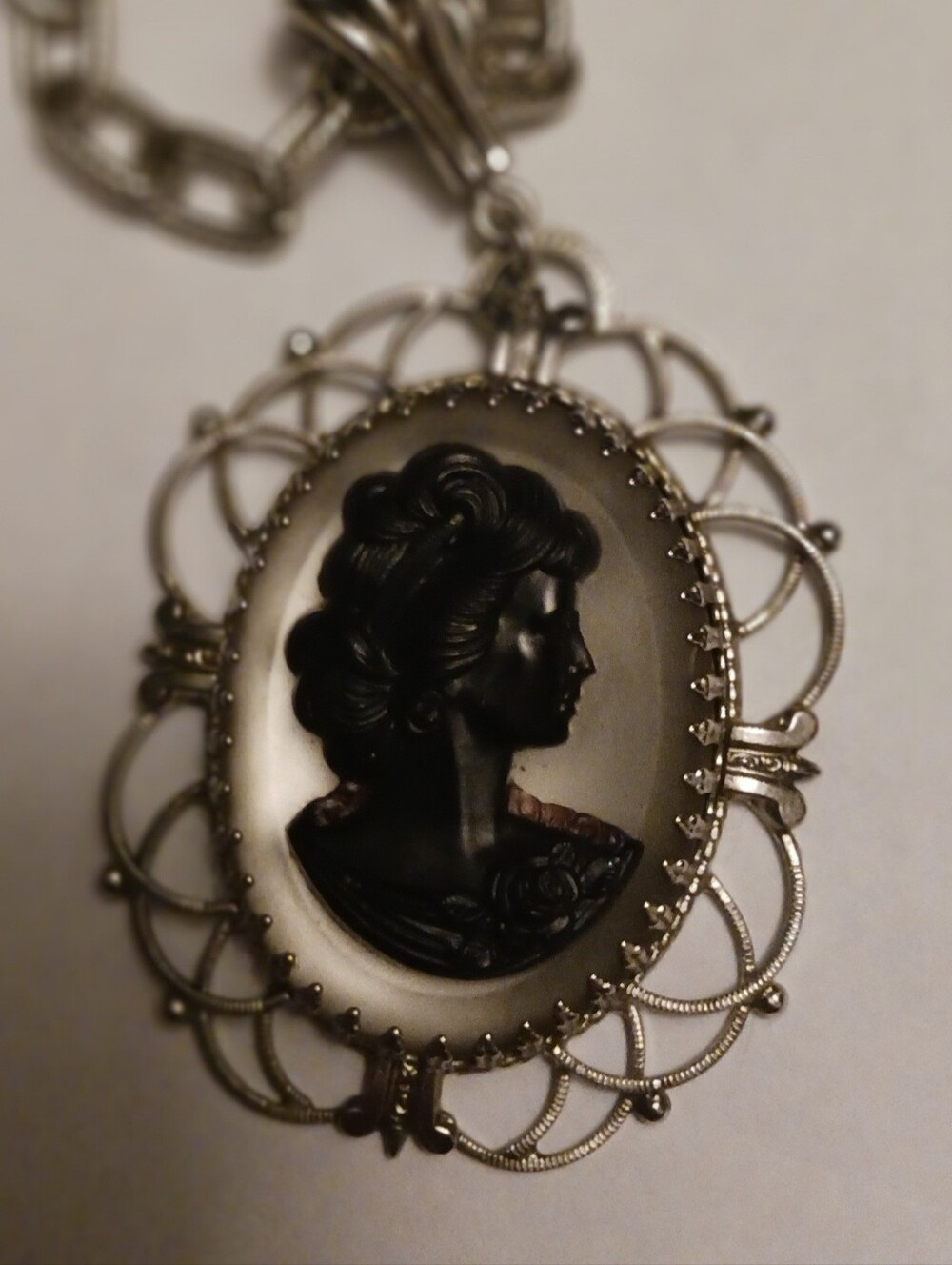 Whiting Davis Cameo Pendant on Sarah Coventry Hook Chain